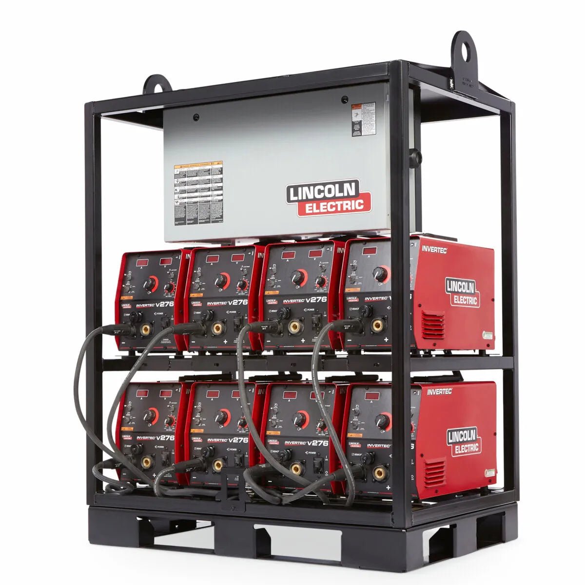 Lincoln Invertec V276 8-Pack Rack K4869-2 with eight Lincoln Electric welders, cables, control panel, inverter welding equipment.