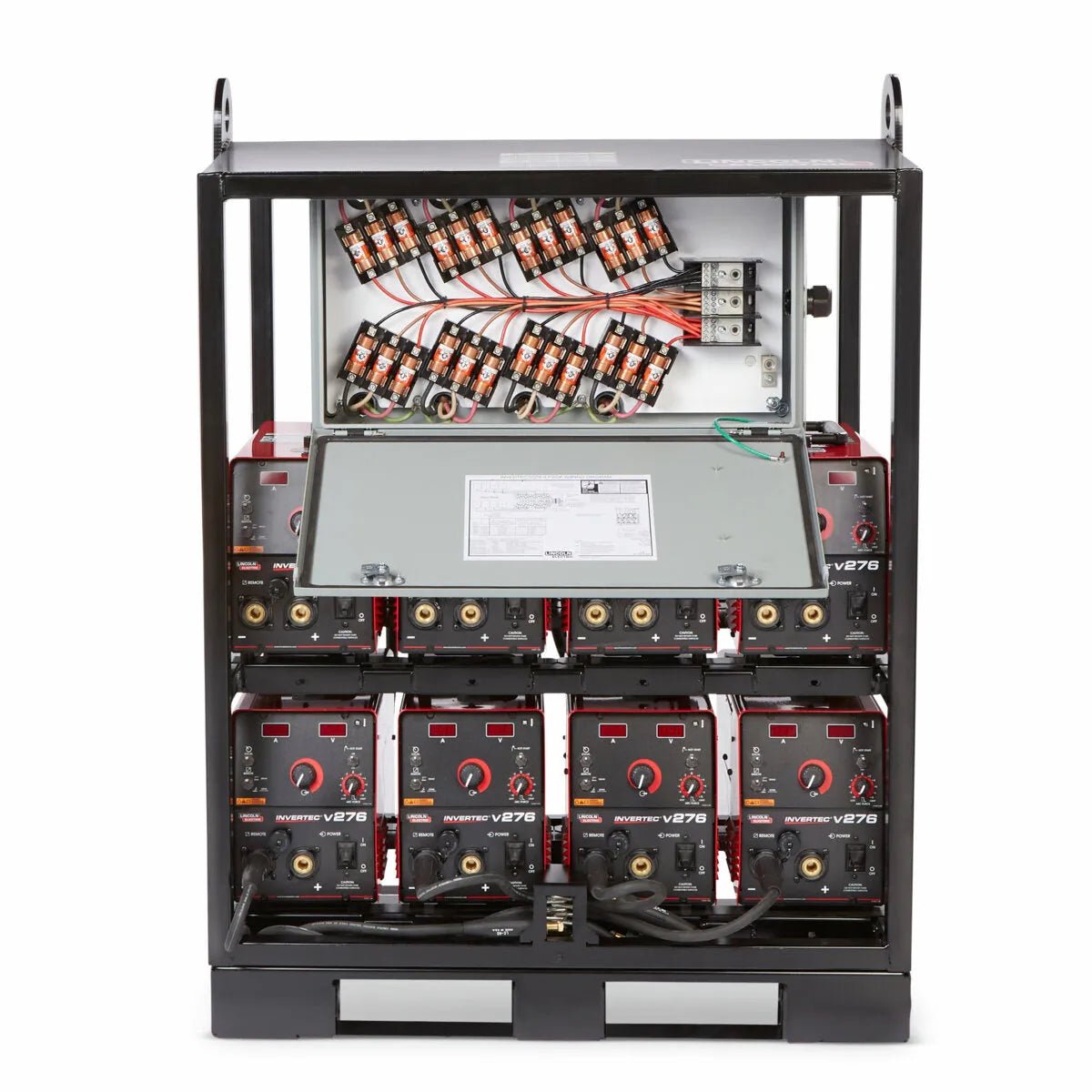 Lincoln Invertec V276 8-Pack Rack K4869-2 welding chargers on metal rack with control panel, wiring, and circuit breakers.