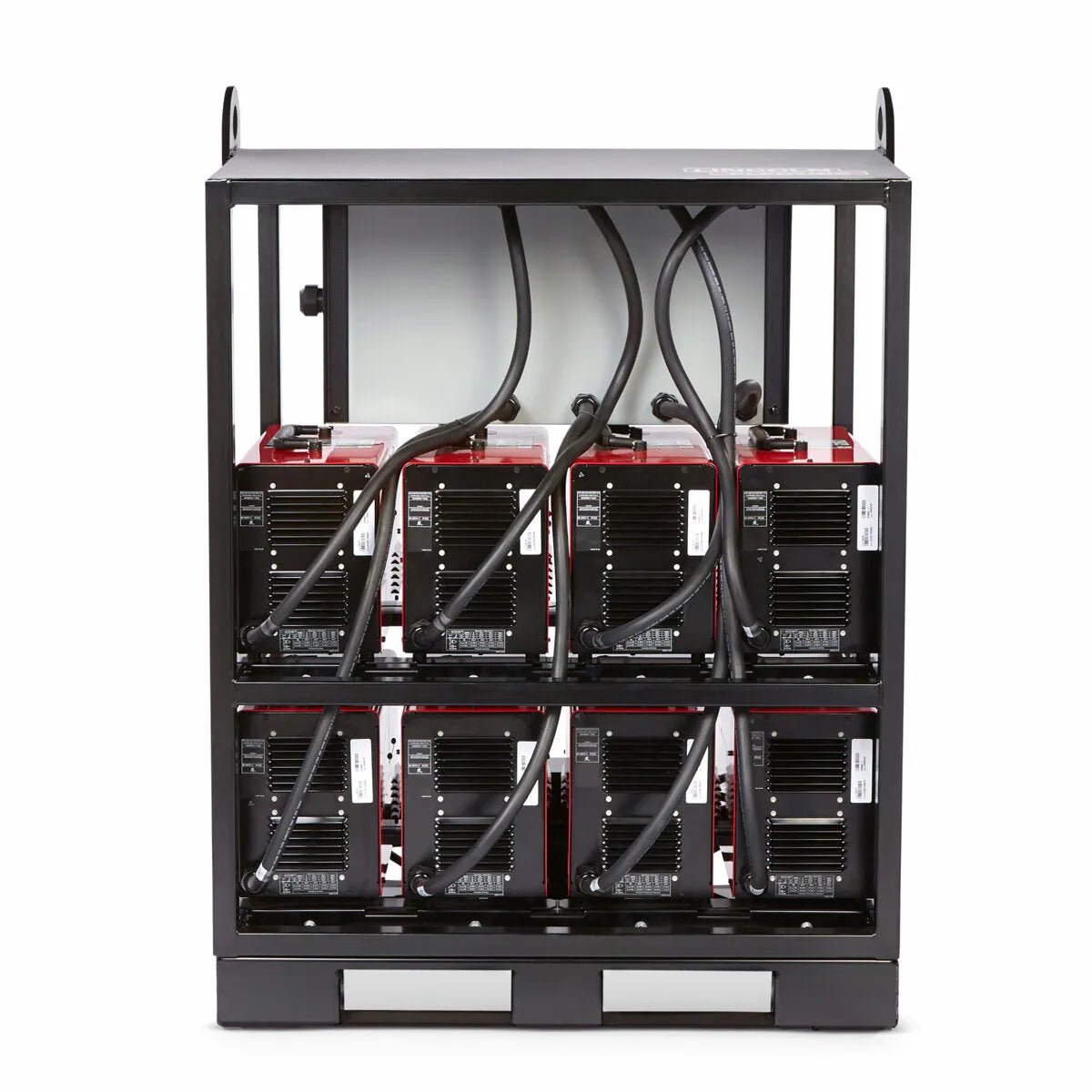 Lincoln Invertec V276 8-Pack Rack K4869-2 inverter welders on black rack, two rows, cabled, welding equipment for sale.