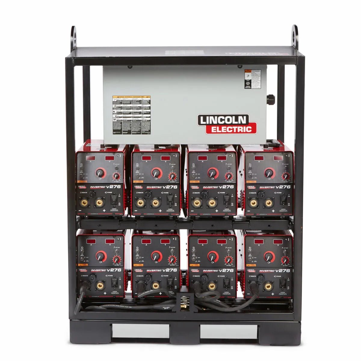 Lincoln Invertec V276 8-Pack Rack K4869-2 holds 6 inverter welders, plus control panel—ideal industrial welding accessory.