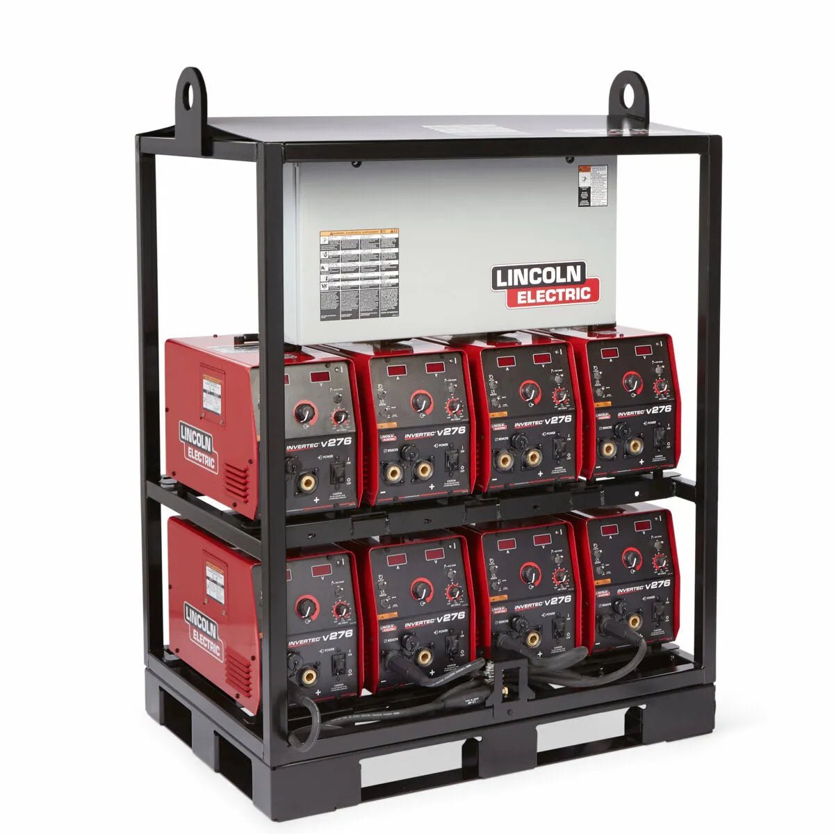 Lincoln Invertec V276 8-Pack Rack K4869-2 welding stations on metal rack with coiled cables, ideal WeldingMart equipment.