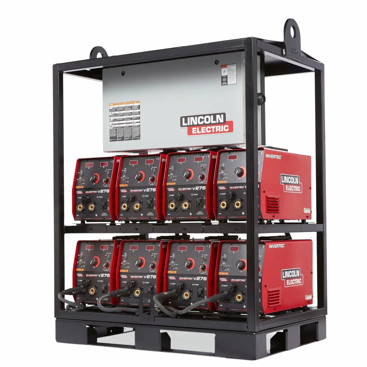 Lincoln Invertec V276 8-Pack Rack K4869-2 inverter welders and control unit in black frame for industrial welding stations.