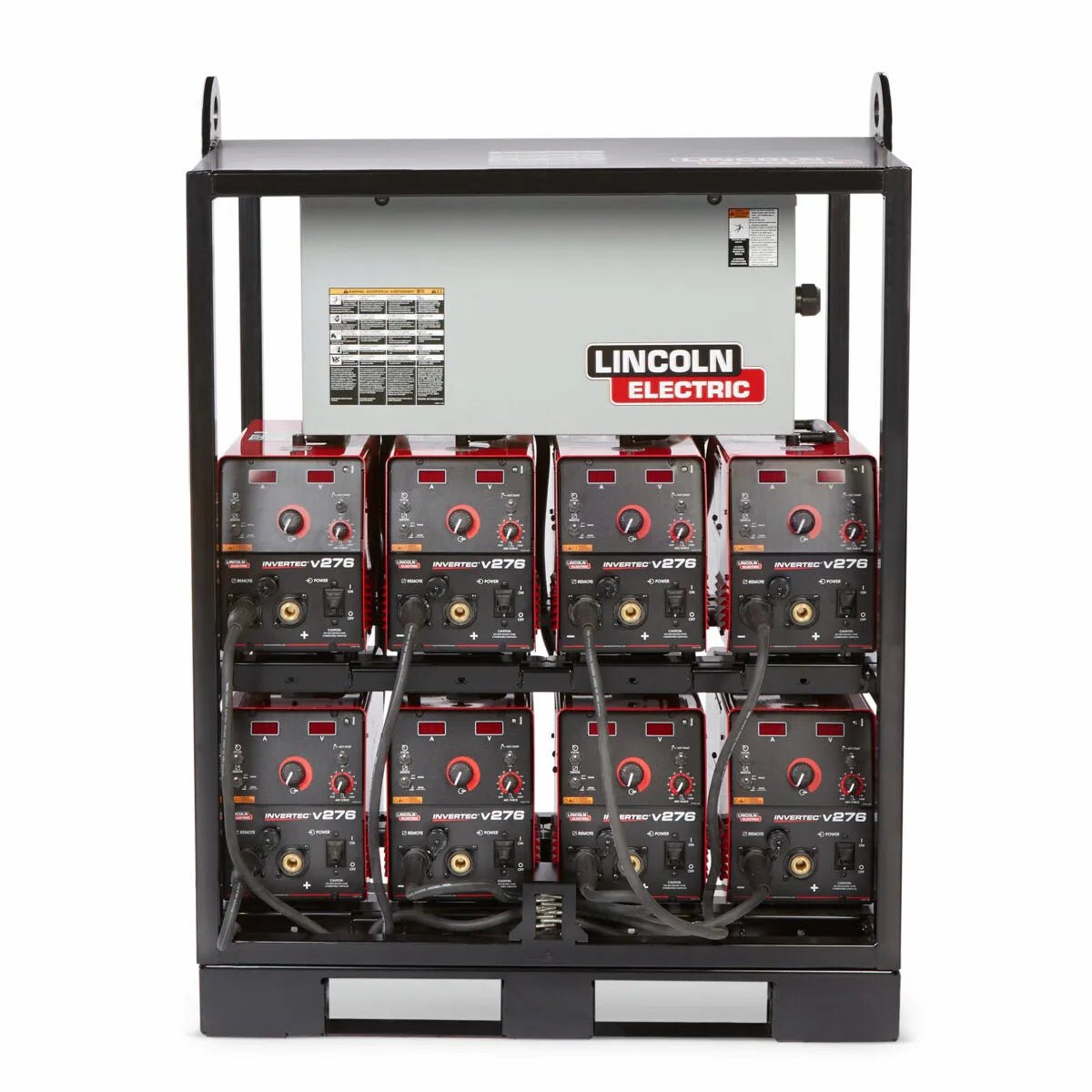 Lincoln Invertec V276 8-Pack Rack K4869-2 welding equipment with 8 inverters, black frame, top controls—ideal for welders.