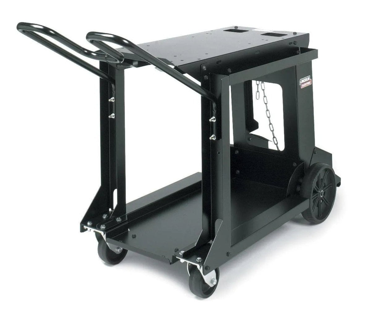 The Lincoln Inverter and Wire Feeder Cart K1764-1 is a black metal cart with two large rear wheels, two front casters, angled handles, flat top, side support bars, lower storage area with hanging chain—ideal for inverter wire feeder transport.