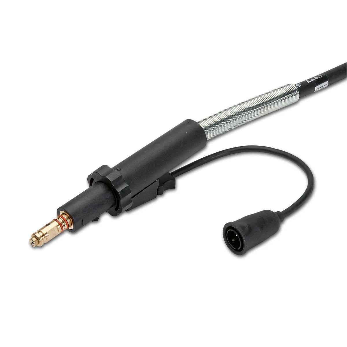 A close-up of a black automotive cable assembly, similar to those used in a Lincoln K126 PRO welding gun, with a gold-plated male connector on one end and a black female connector attached via a smaller wire, set against a white background.