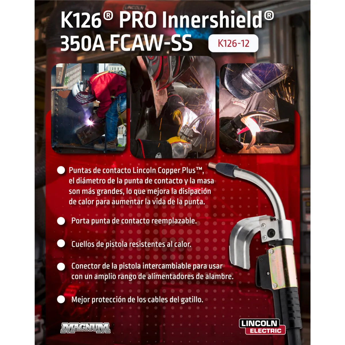 Promotional image for the Lincoln K126 PRO welding gun, highlighting Magnum PRO contact tips, product details, benefits, and dynamic shots of welders in action, with a close-up of the Innershield FCAW gun.