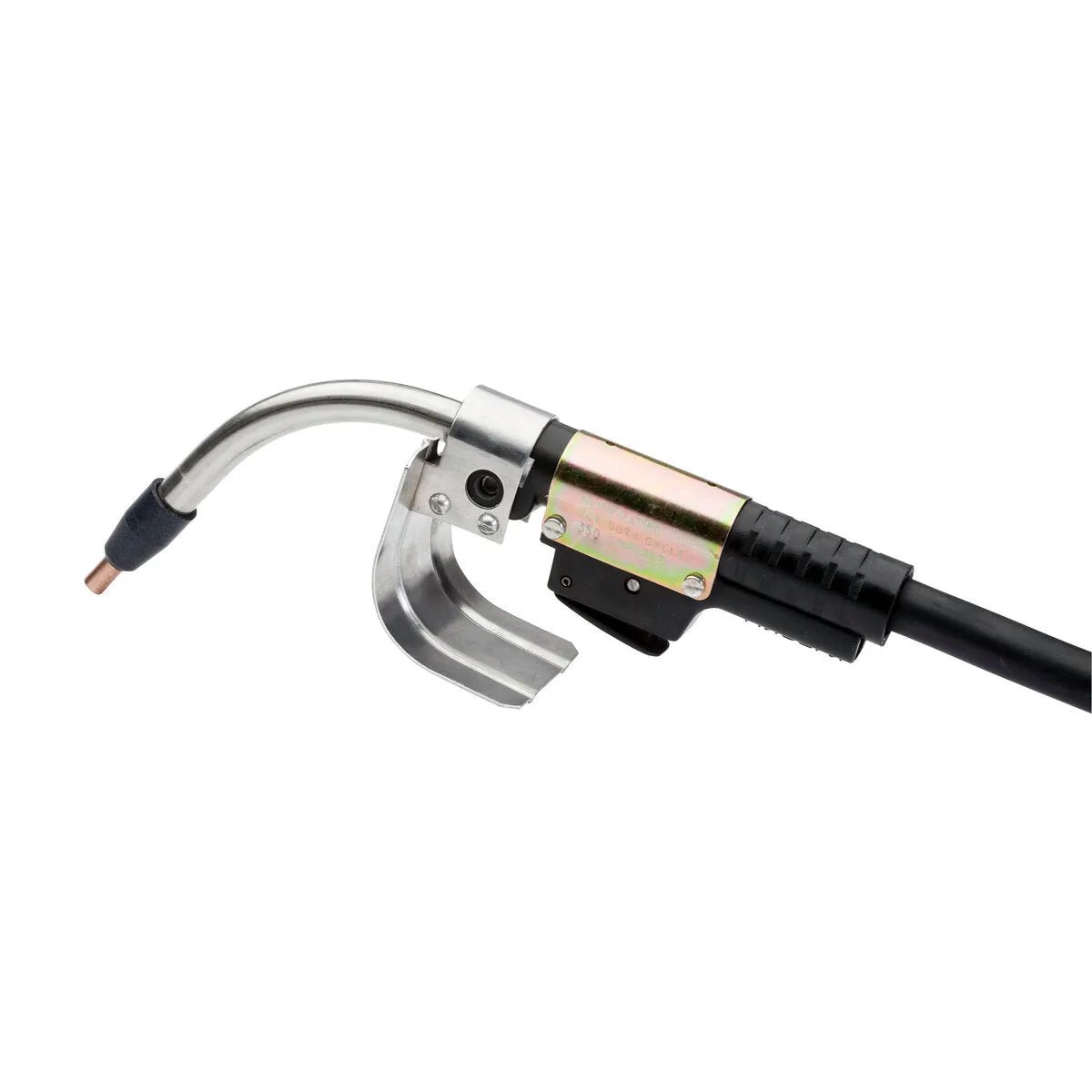 A close-up of the Lincoln K126 PRO Innershield FCAW-S Welding Gun (350A, 0.062–3/32 in, 10 ft) features a curved metal neck with silver heat shield, black handle, and copper nozzle on a white background.