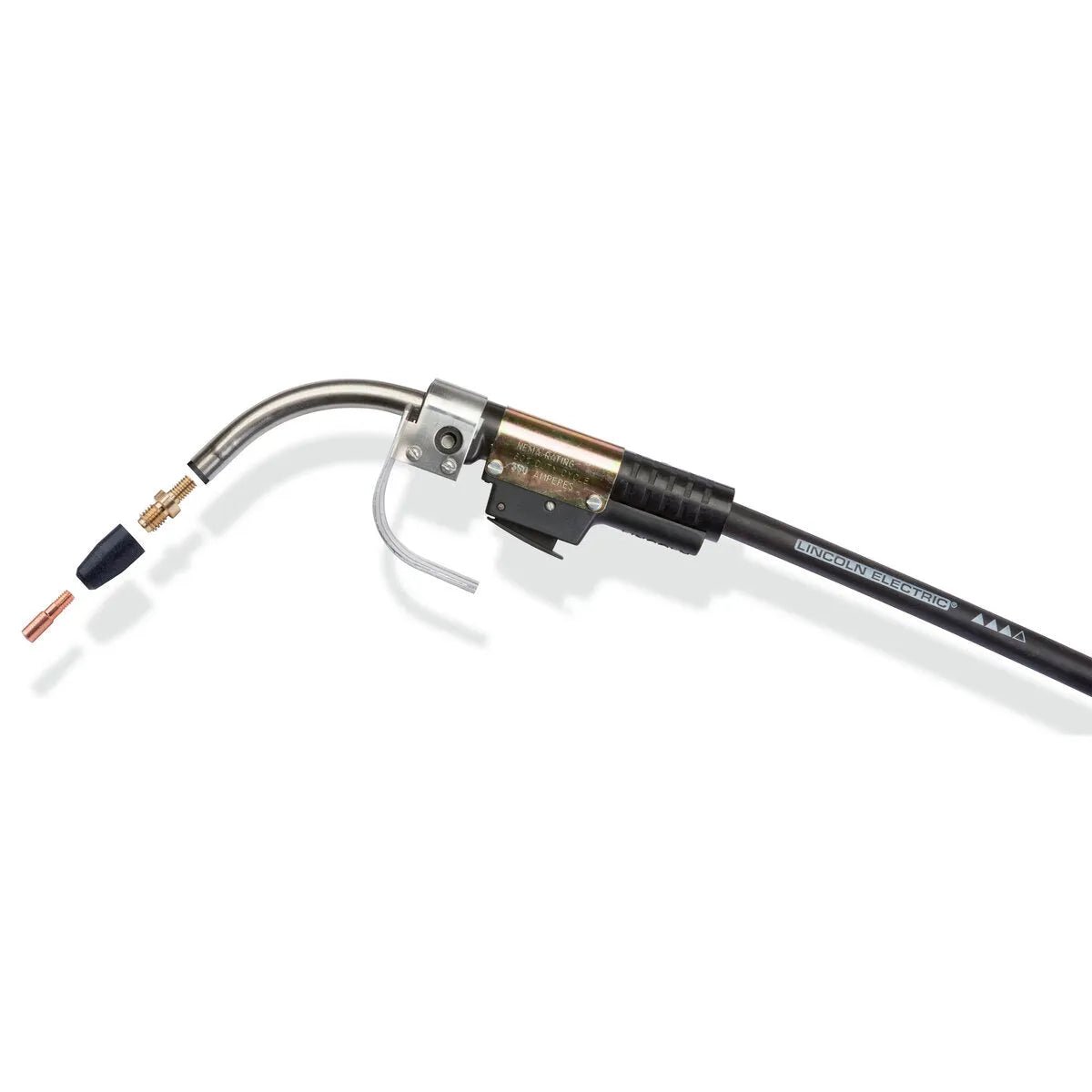 A MIG welding torch, such as the Lincoln K126 PRO welding gun, with its individual components—nozzle, contact tip, and tip holder—disassembled and displayed beside the attached handle and cable.