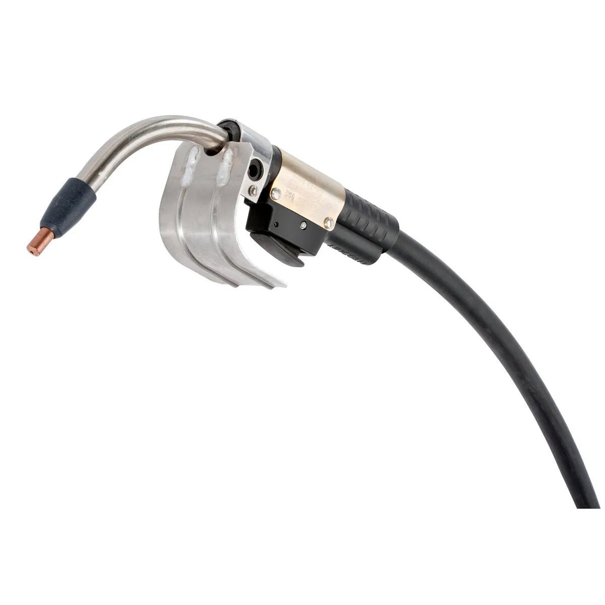 A close-up of a MIG welding torch, similar to the Lincoln K126 PRO welding gun, with a curved metal nozzle, copper tip, and a black cable—ideal for demanding construction welding applications.