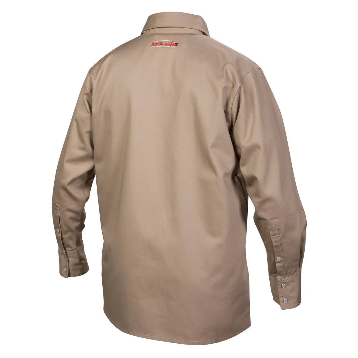 The Lincoln K3382-L Khaki Flame Retardant Welding Shirt in large has a back view with a collar, buttoned cuffs, sturdy fabric, relaxed fit for comfort, and a red and white embroidered logo below the collar.