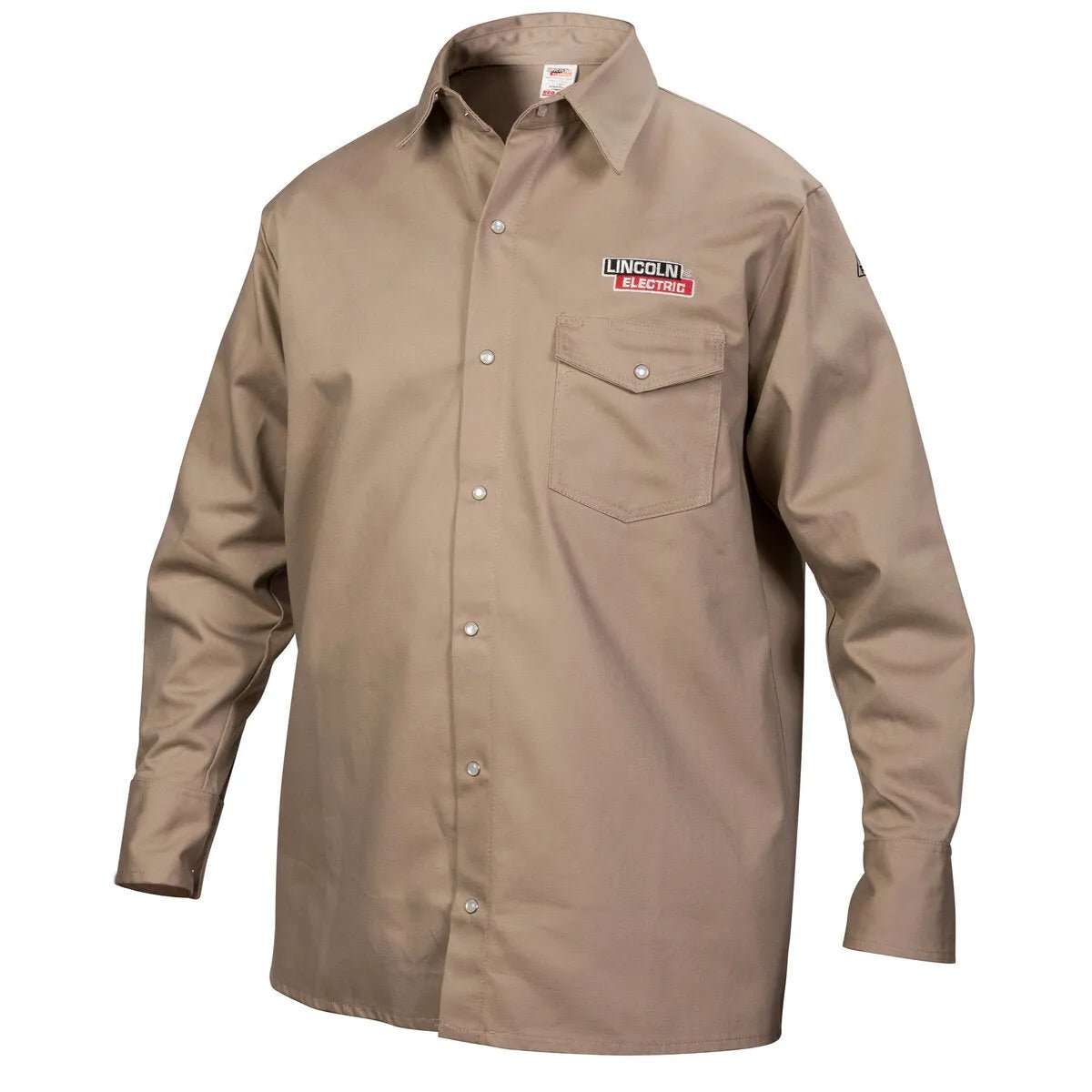 The Lincoln K3382-XL Khaki Flame Retardant Welding Shirt, XLarge, is tan with long sleeves, collar, button front, and chest pocket. Featuring the Lincoln Electric logo above the left pocket. Shown unused on a plain white background.