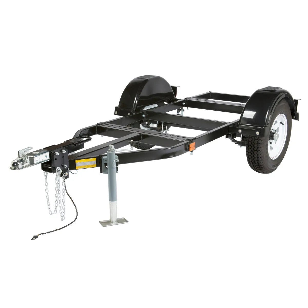 The Lincoln Large Two-Wheel Welder Trailer K2637-2 is an open black frame trailer with two white-rimmed wheels, fenders over each, a front support jack, hitch with safety chains, and no sides or floor for cargo transport.