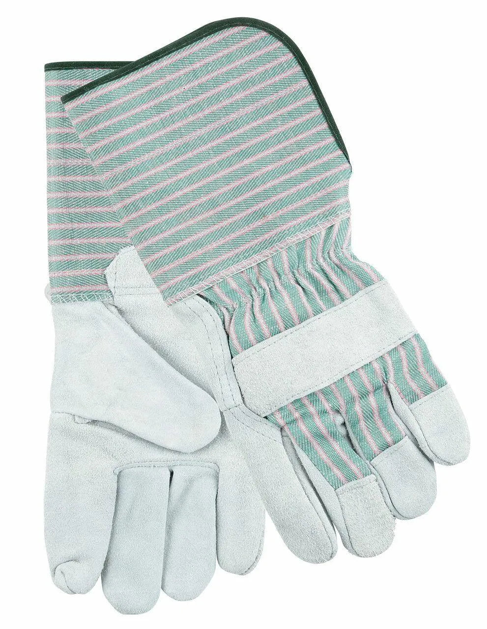 The Lincoln TBD Gray Welding Gloves - KH640 feature gray leather palms and fingers, green-and-pink striped fabric backs and cuffs, with the gloves shown overlapped—one laid flat over the other.