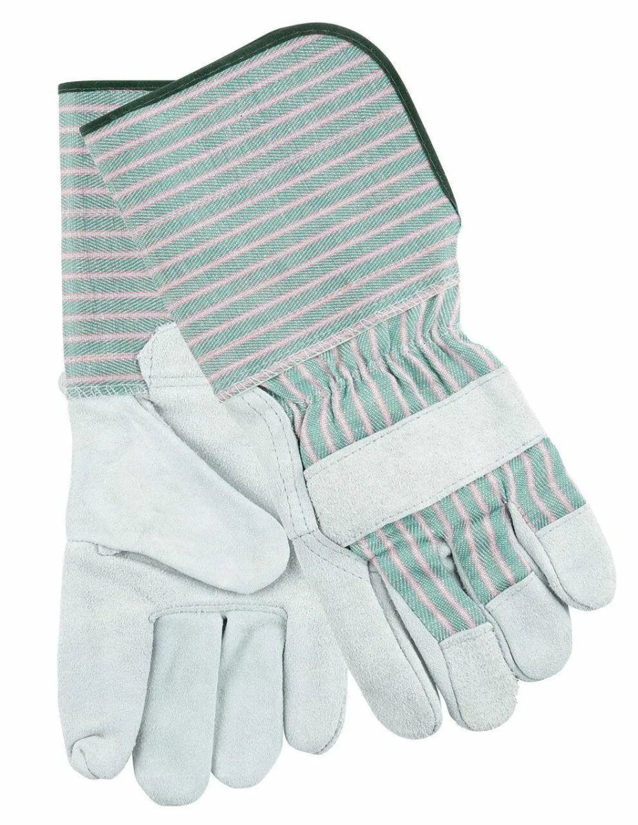The Lincoln TBD Gray Welding Gloves - KH640 feature gray leather palms and fingers, green-and-pink striped fabric backs and cuffs, with the gloves shown overlapped—one laid flat over the other.