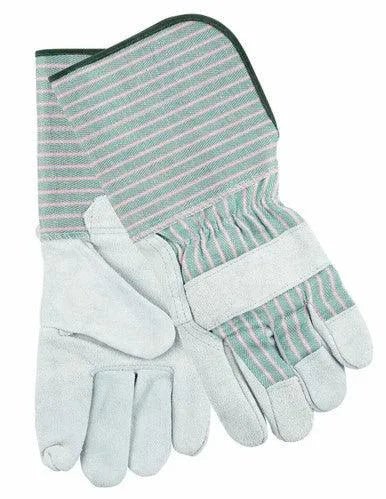 The Lincoln TBD Gray Welding Gloves - KH640 feature durable grey leather palms and fingers, green and pink striped fabric cuffs and backs, reinforced padding, sturdy stitching, and extra dexterity—ideal for welding or heavy-duty tasks.