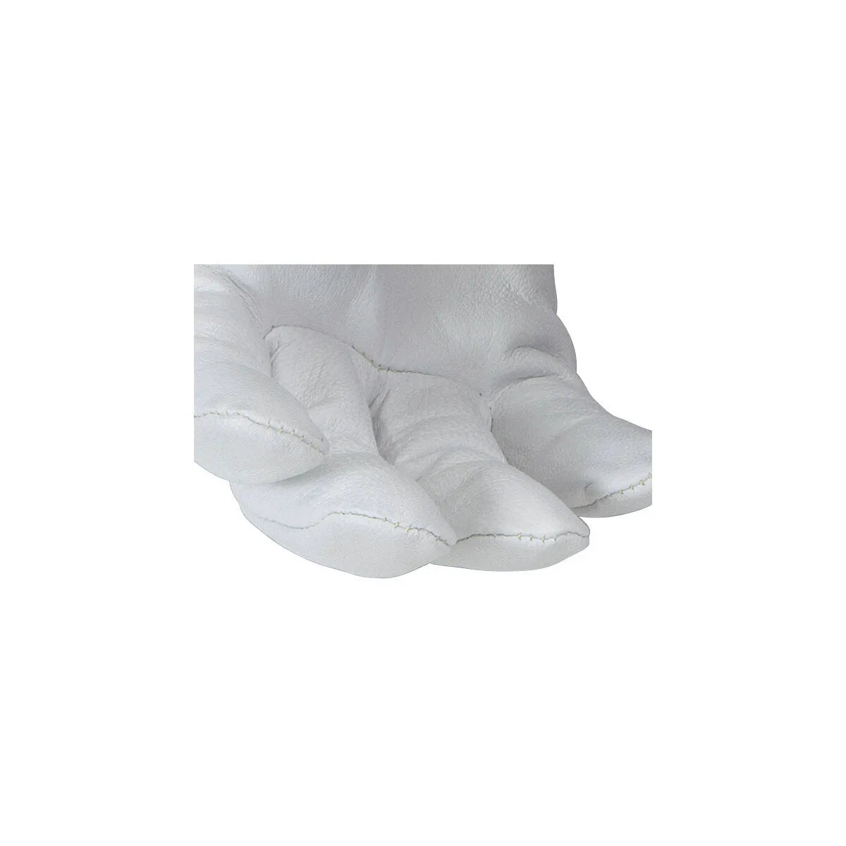 Close-up of a plush white glove with four large, rounded fingers, resembling a cartoon character’s hand—crafted from supple goat skin leather for comfort and durability.