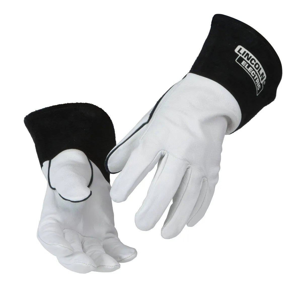 A pair of Lincoln Leather TIG Welding Gloves XL K2981-XL, made from white goat skin leather with black cuffs and Lincoln Electric printed on them. The gloves are shown curved, palms and fingertips visible, on a white background.
