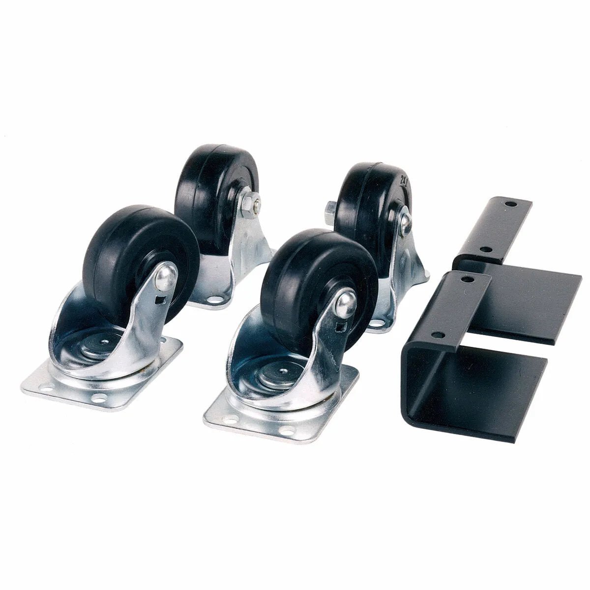 Four black swivel caster wheels with metal mounting plates and two L-shaped brackets create the Lincoln Light Duty Caster Kit K1556-1, perfect for assembling or repairing furniture, equipment, or a wire reel stand for smooth mobility.