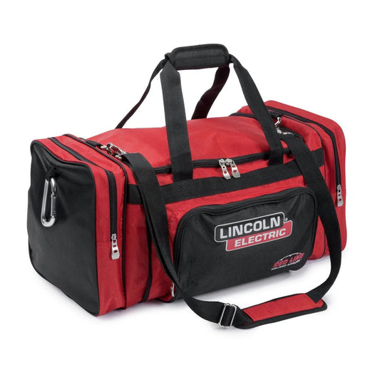 Lincoln K3096-1 Industrial Duffle Bag for welders, red/black, zippered compartments, shoulder strap, Lincoln Electric logo.