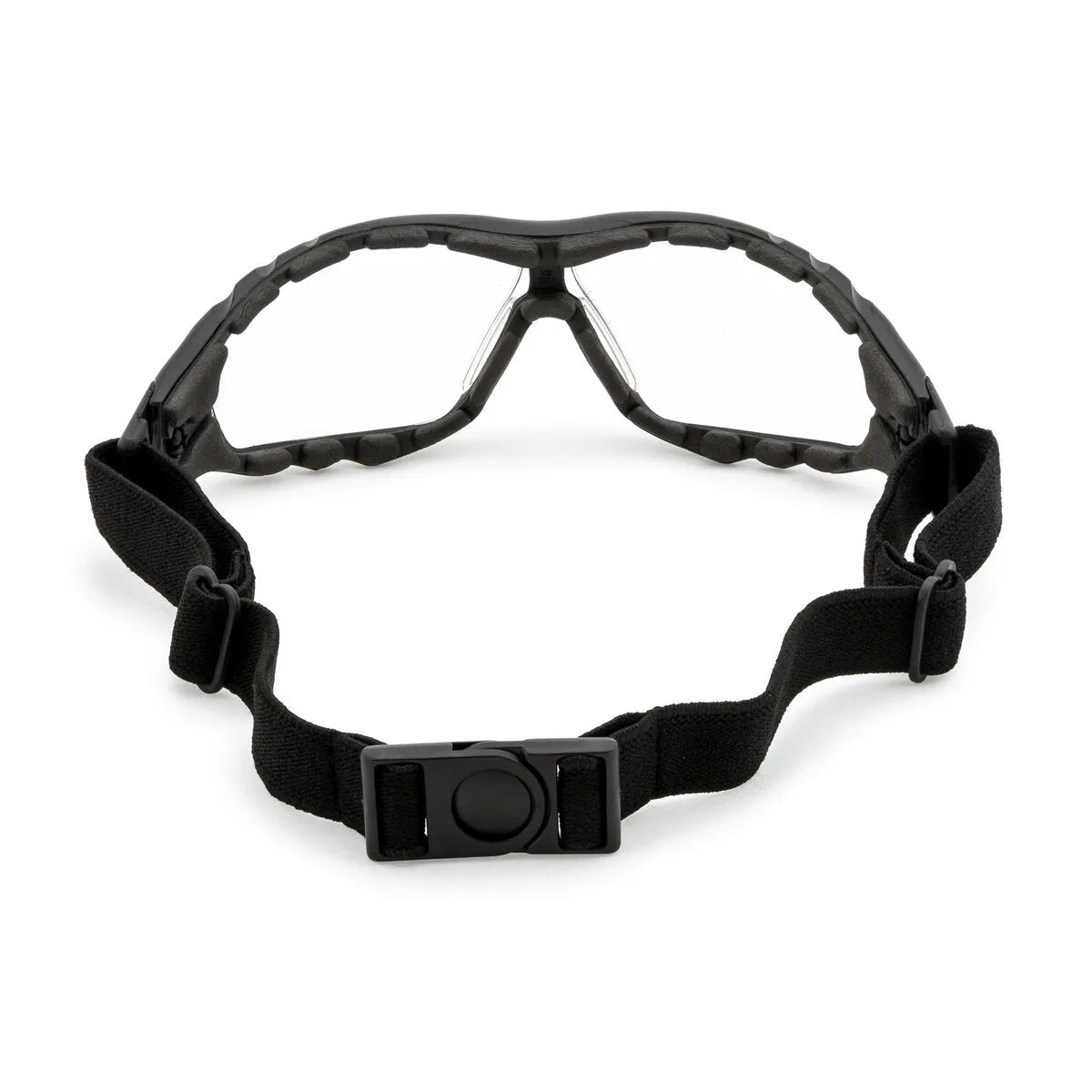 Lincoln Padded Welding Safety Glasses K3119-1 with clear lenses, foam liner, elastic strap, and buckle, rear view—WeldingMart tool.