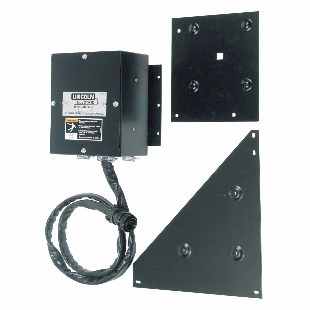 A Lincoln LN-23 Adapter Kit for 14-Pin Connection (K350-1) includes a black metal electrical box with coiled cable and 14-pin connector, plus two mounting plates—one rectangular, one triangular—labeled “Lincoln Electric” with wiring info.
