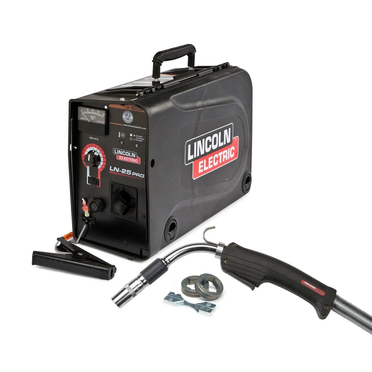Lincoln LN-25 PRO One-Pak K4101-1 welder with Magnum Pro Curve 300 gun, cables, and metal parts on white, WeldingMart tools.