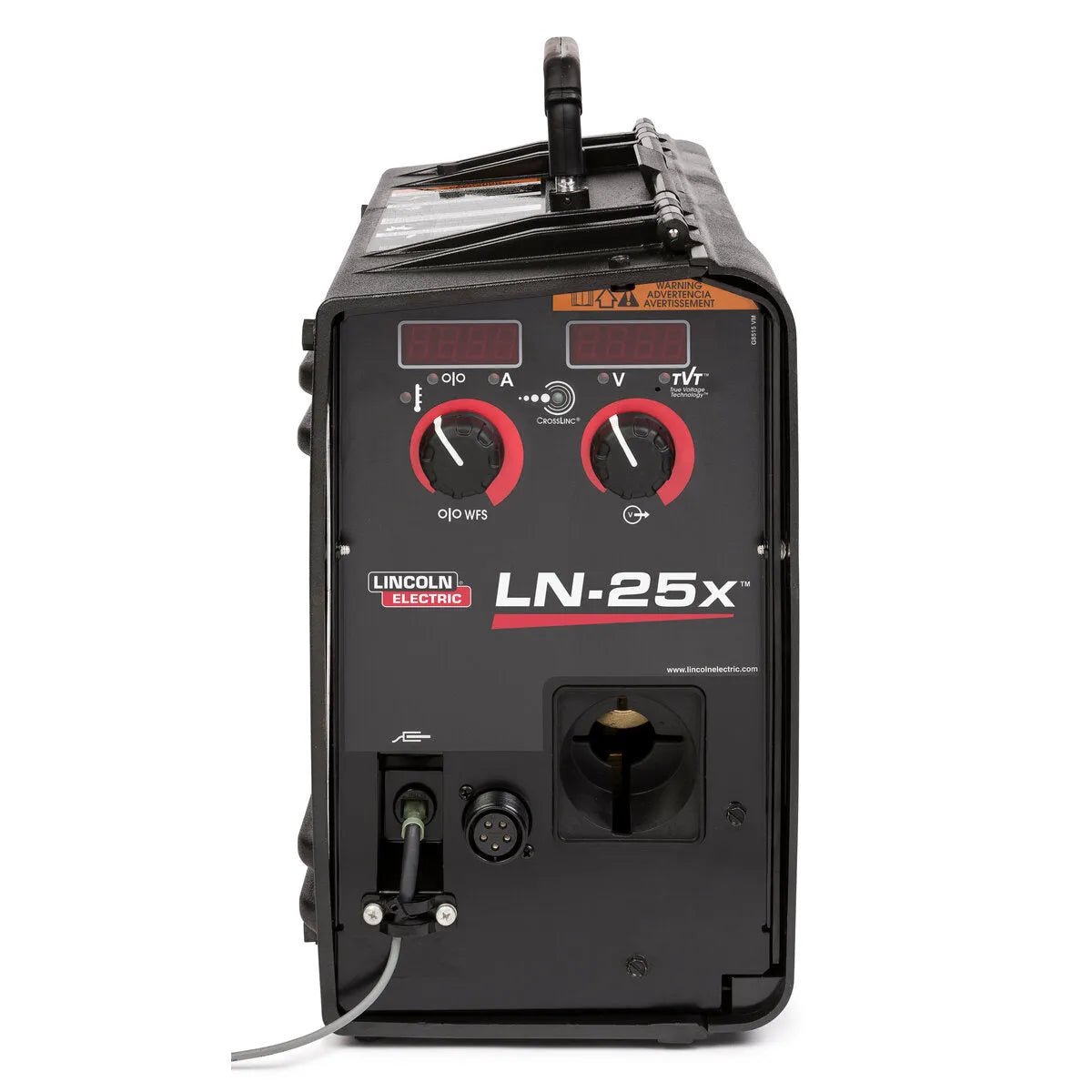 A front view of the Lincoln LN-25X w/CrossLinc and TVT (with Flowmeter, Tweco) K4267-3 shows its black design, two red control knobs, digital displays, multiple ports and connectors, labeled panel, and a top handle.