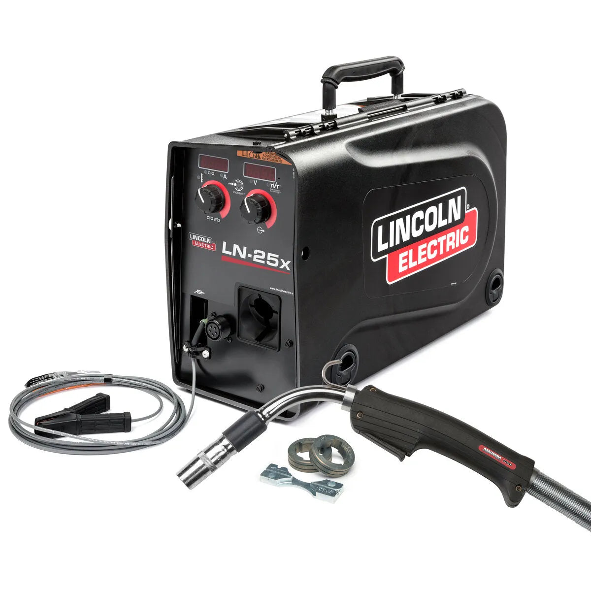 The Lincoln LN-25X with TVT & Magnum PRO Curve 300 One-Pak K4266-1 wire feeder features control knobs, a display, and branding, and is shown with a Magnum PRO Curve 300 gun, cables, and connectors arranged on a white background.