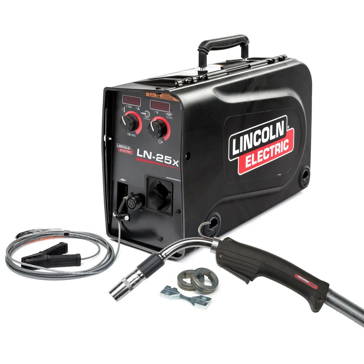 The Lincoln LN-25X with TVT & Magnum PRO Curve 300 One-Pak K4266-1 wire feeder features control knobs, a display, and branding, and is shown with a Magnum PRO Curve 300 gun, cables, and connectors arranged on a white background.