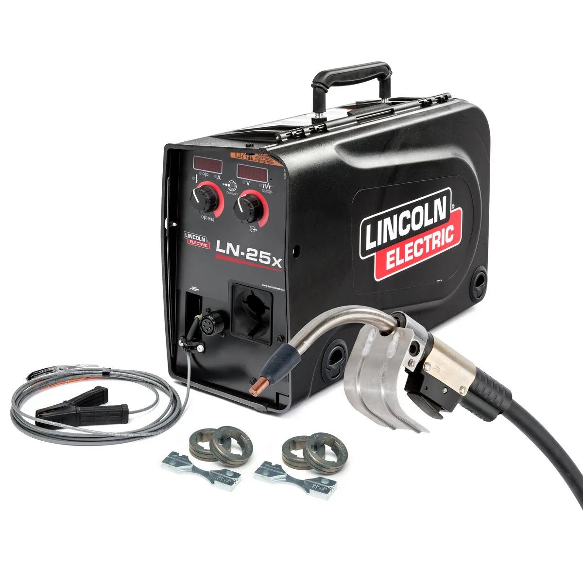 The Lincoln LN-25X w/TVT K126 Pro 5/64-1/16 One-Pak K4266-2 wire feeder with CrossLinc Technology, control knobs, and a digital display is shown with accessories like cables, clamps, rings, and a welding gun attached.