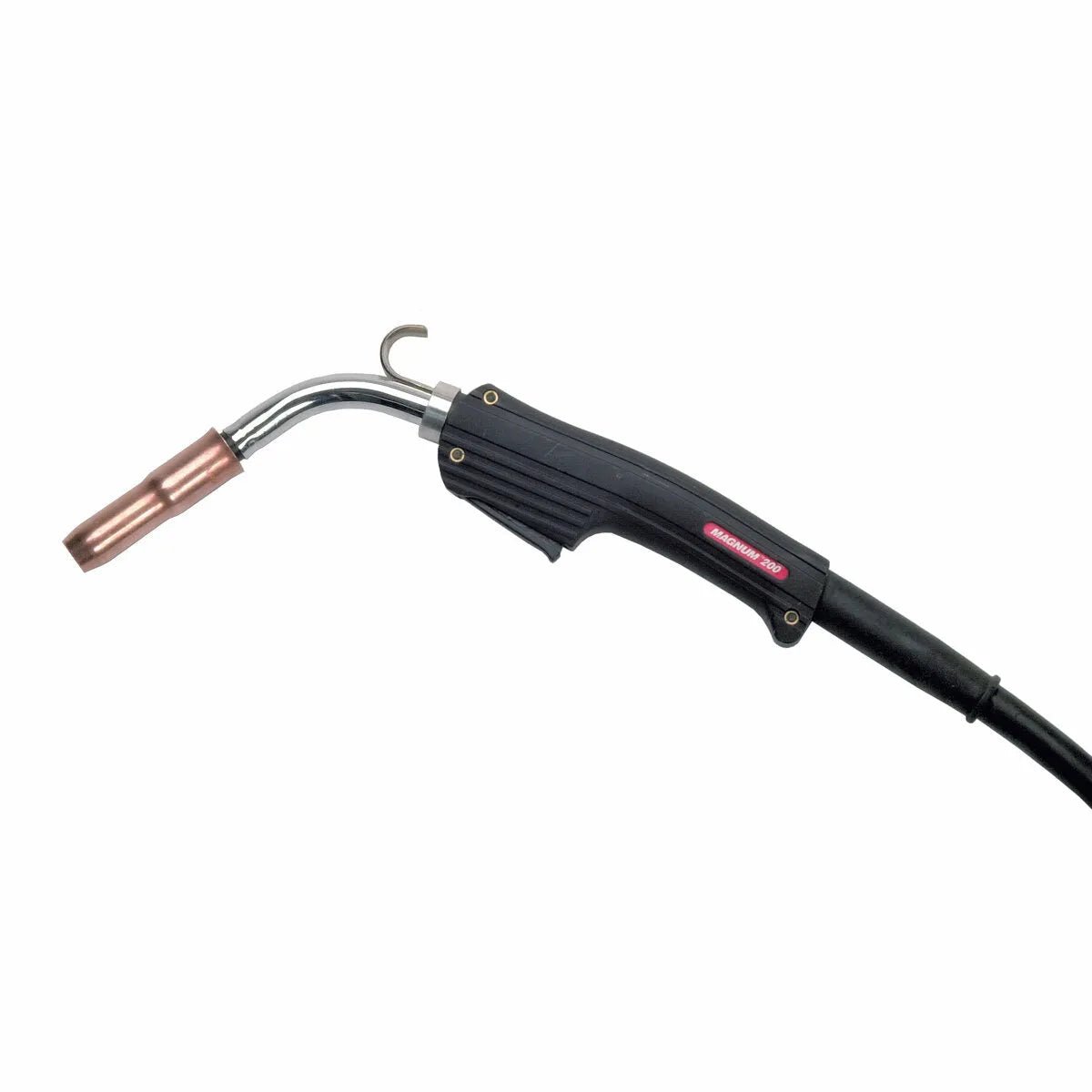 Lincoln Magnum 200 Welding Gun K497-21—premium MIG welder tool with curved neck, copper tip, and hose. WeldingMart equipment close-up.
