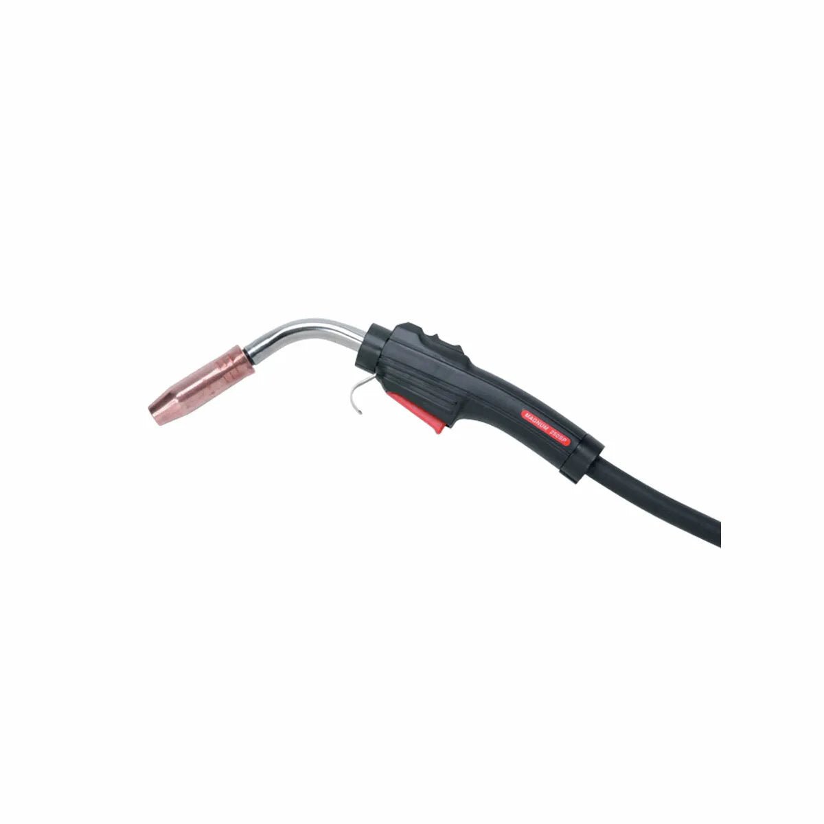 The Lincoln Magnum 250SP Welding Guns K524-5 features a black body, curved silver neck, copper nozzle, red trigger, and brand label. A thick black cable extends from the handle toward the right on a white background.