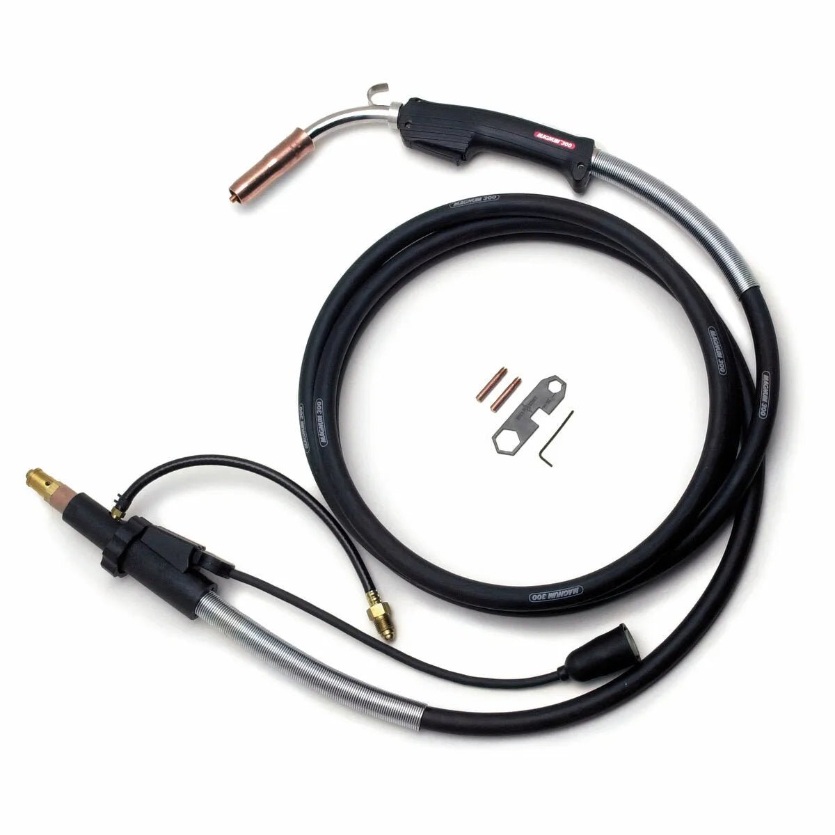 Lincoln Magnum 300 Welding Gun K1802-1 kit with cable, connectors, copper nozzle, tips, wrench & hex key on white—WeldingMart.