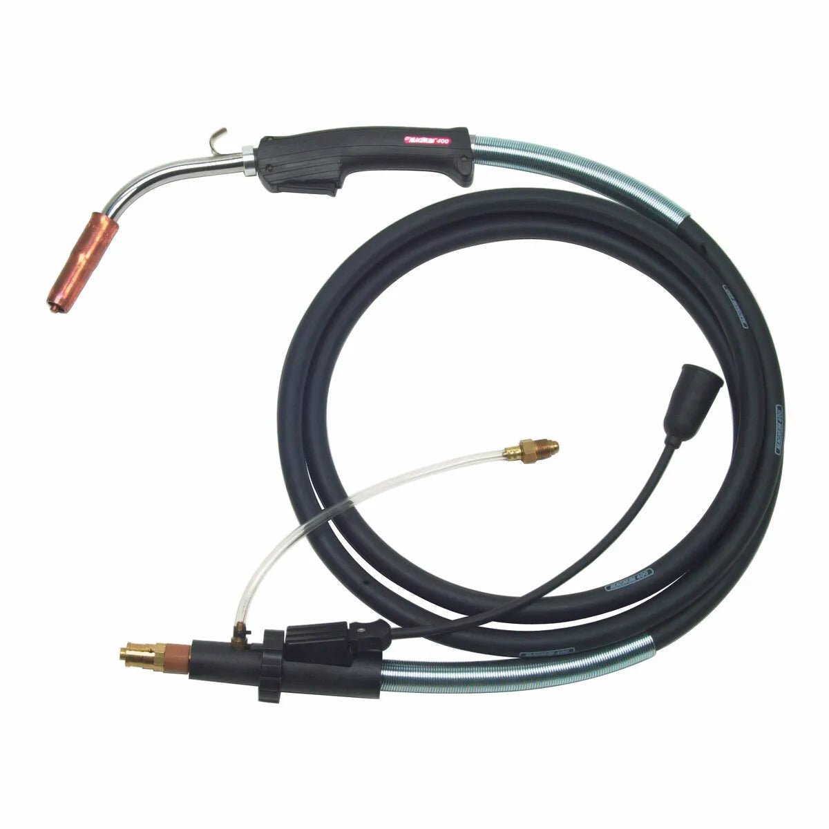Lincoln Magnum 400 Welding Gun K2286-1 MIG torch with curved nozzle, black handle, and coiled cables—premium welding equipment.