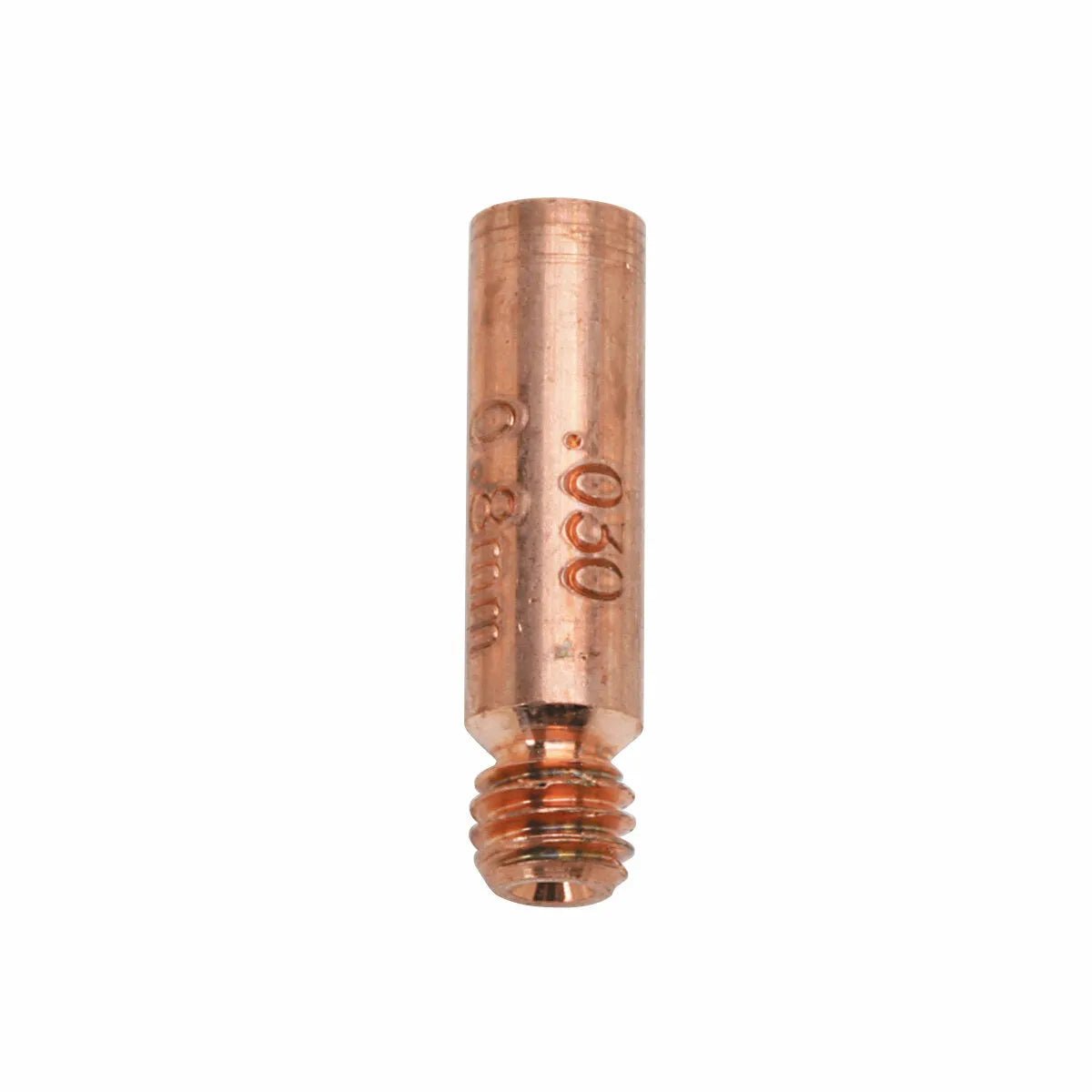 A copper Magnum Contact Tip with threaded end, marked 0.8mm and 030 for size, designed for use with Lincoln Magnum welding guns, shown against a white background.