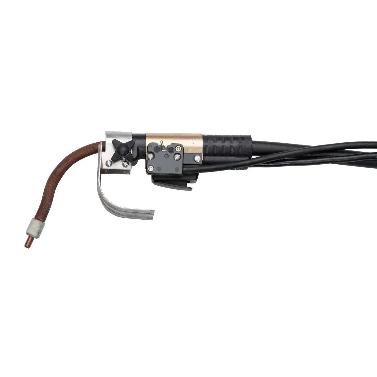 Lincoln Magnum Innershield 350A FCAW-SS welding gun with 90° nozzle, 10 ft cable, and curved nozzle, shown on white. WeldingMart tool.