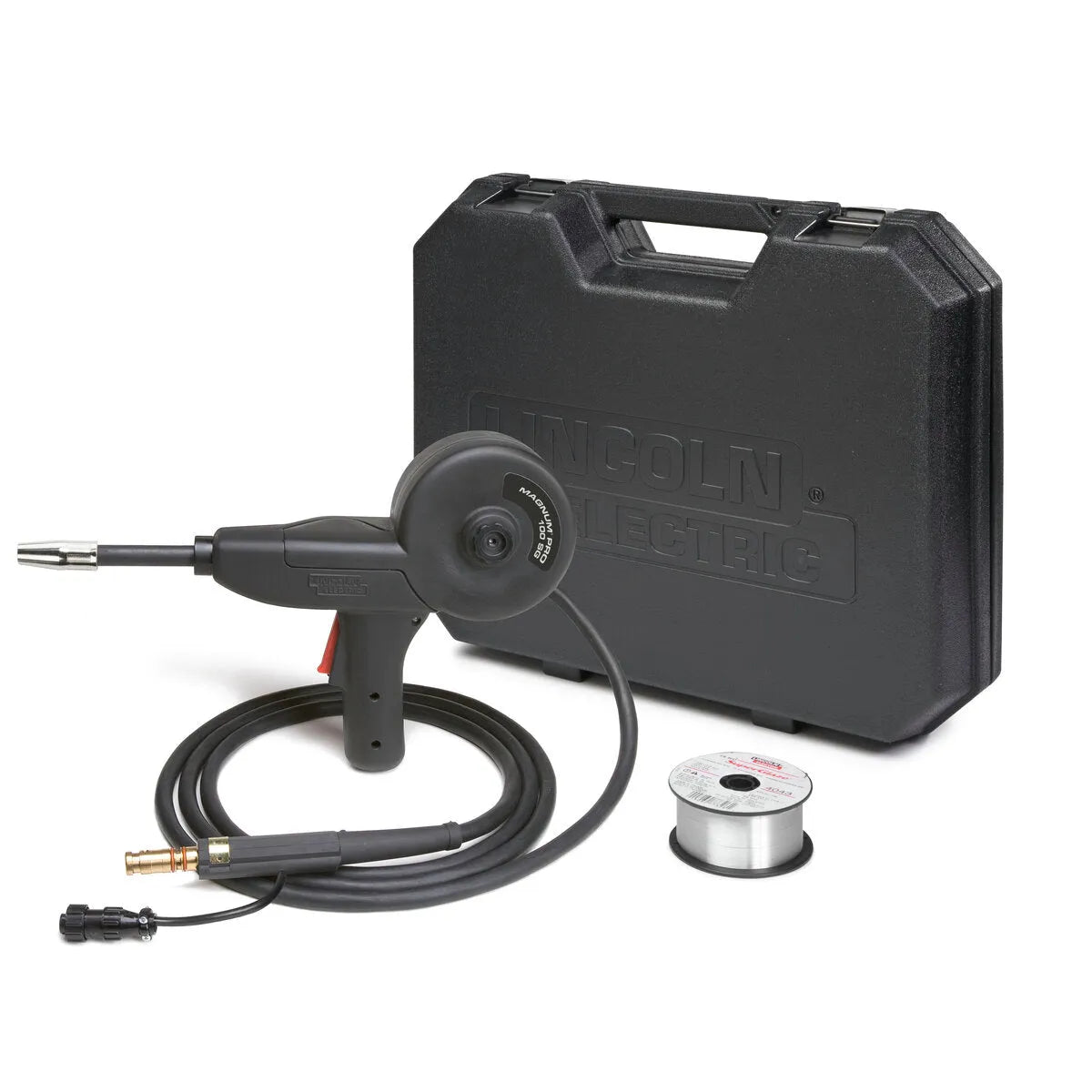 A black Lincoln Electric carrying case stands behind a Lincoln Magnum PRO 100SG Spool Gun, 4 Pin, 10 ft (K3269-1), with attached cable, coiled black cord, and aluminum wire spool, all arranged on a white surface.