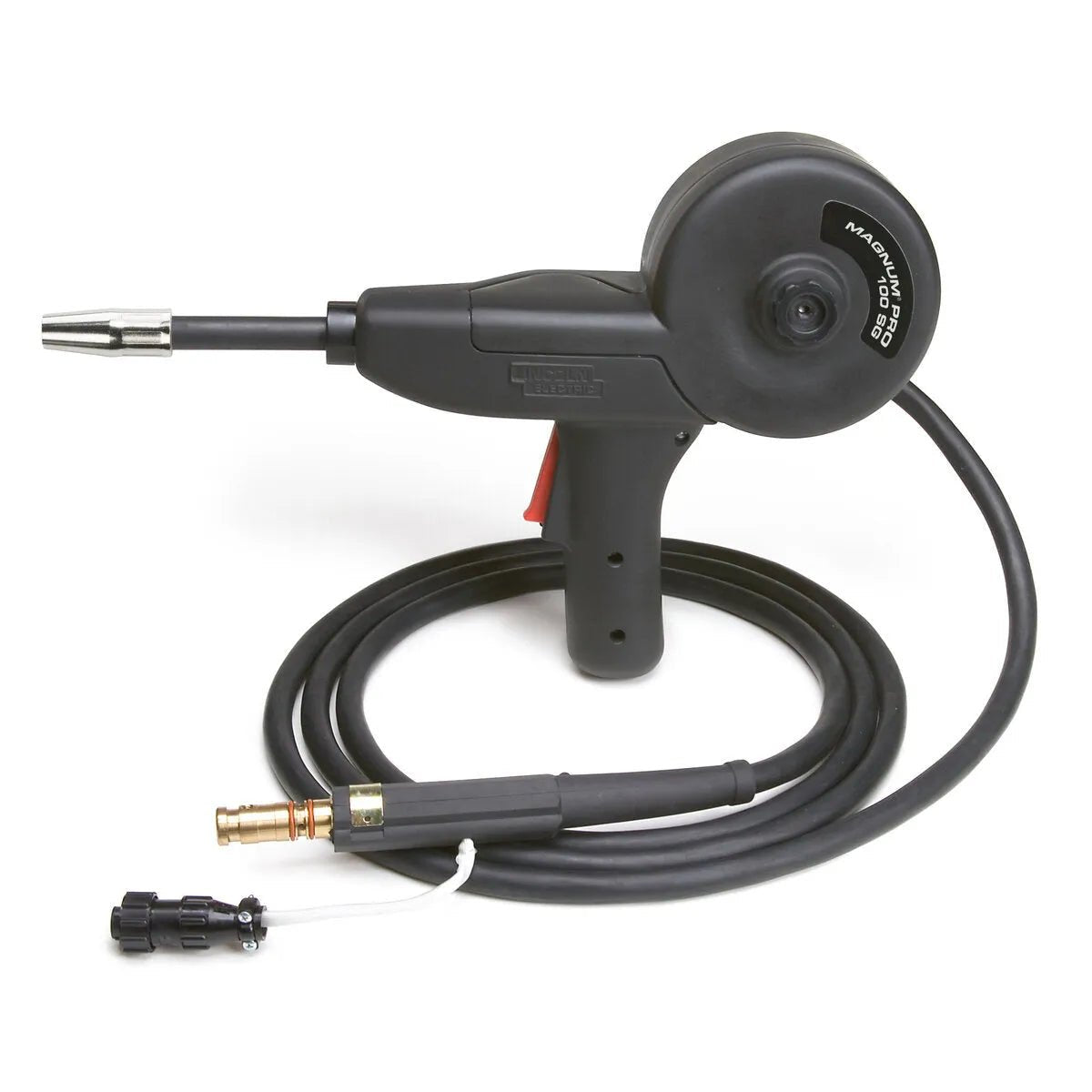 The Lincoln Magnum PRO 100SG Spool Gun (K3269-1) is a black, handheld aluminum wire welder with a top round feeder, trigger handle, 10 ft cable, and metal/plastic connectors. Its sturdy build and metallic tip are ideal for precise welding tasks.