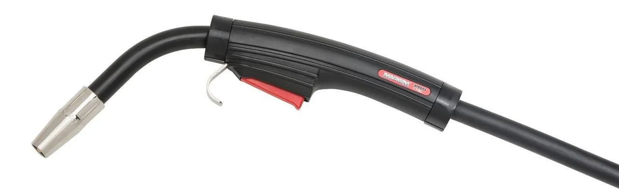 The Lincoln Magnum Pro 175L Welding Gun (10 FT) K4076-1 features a black ergonomic handle with PROFAX PRO label, curved metal nozzle, red trigger, cable connection, and works with Copper Plus contact tips. Plain white background.