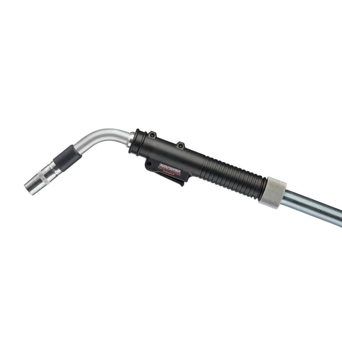 Close-up of a Lincoln Magnum PRO 250 Welding Gun K2651-1, featuring a curved metal nozzle, black ribbed grip with visible logo, and flexible metallic hose—designed for flux-cored welding. Shown against a white background.