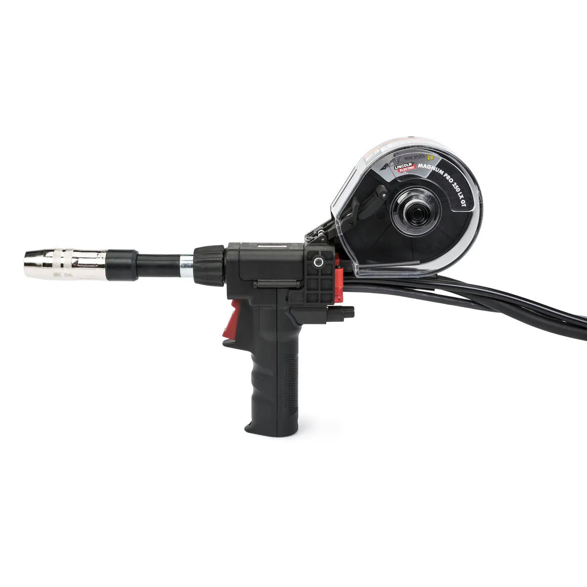 A close-up side view of the Lincoln Magnum PRO 250LX GT Spool Gun 25 ft K3569-2 shows its black grip handle, red trigger, silver nozzle, attached spool housing with a clear cover revealing a wire reel inside, and black cables extending from the tool.
