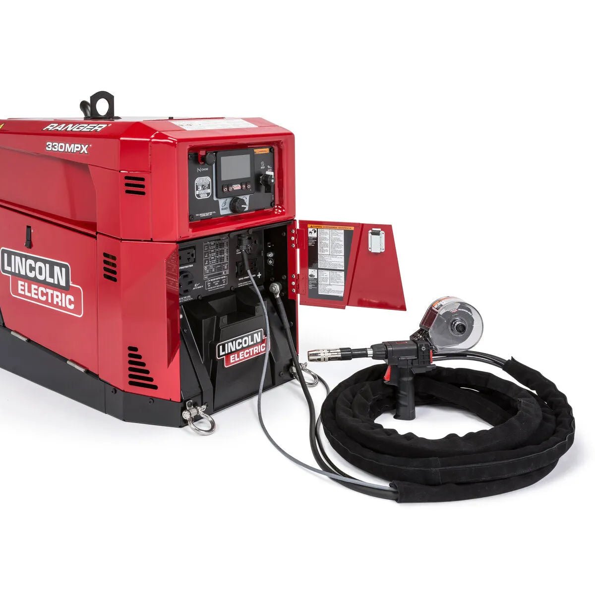A red Lincoln Electric Ranger 330MPX welder with an open side panel shows control knobs and ports. A coiled black cable with a Lincoln Magnum PRO 250LX GT Spool Gun 25 ft K3569-2 is attached, all on a white background.