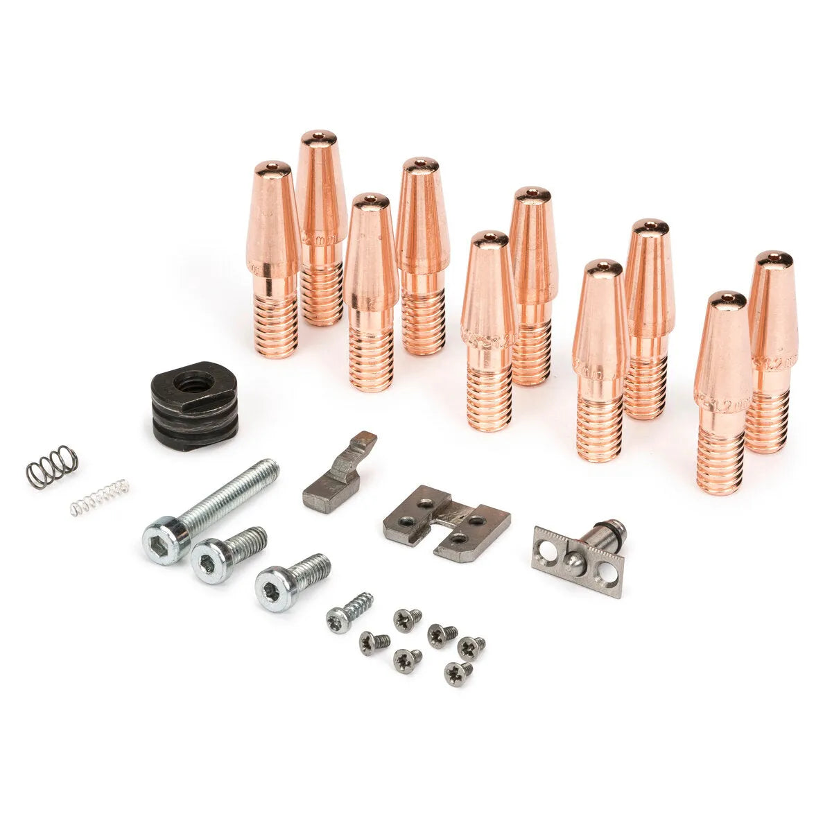 A set of welding machine consumables compatible with the Lincoln Magnum PRO 250LX GT Spool Gun 25 ft K3569-2, including copper contact tips, nozzle insulators, screws, bolts, springs, and metallic fittings shown on a white background.