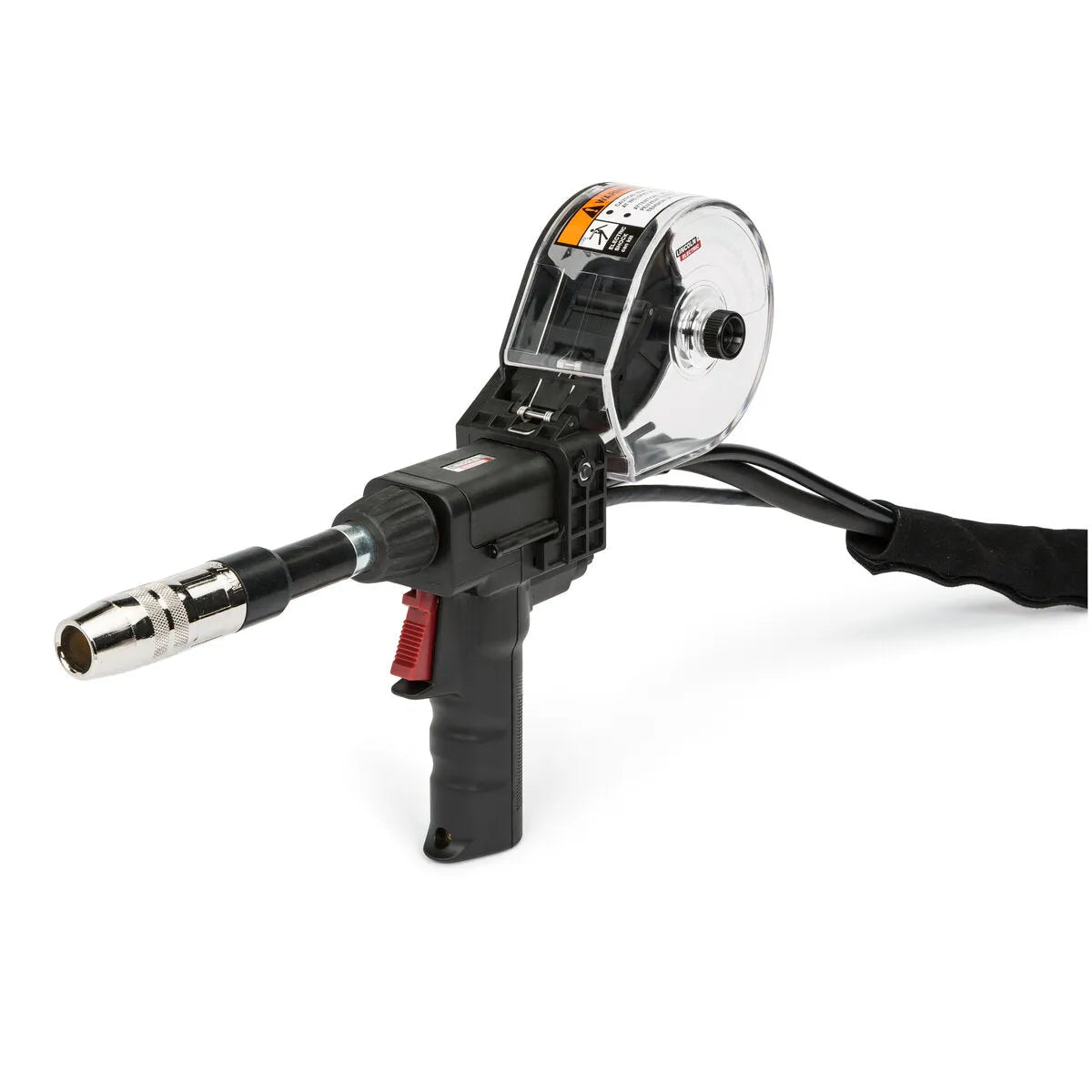 The Lincoln Magnum PRO 250LX GT Spool Gun 25 ft (K3569-2) is a handheld welding tool with a black body, trigger grip, transparent spool casing, rear power cord, and a metallic front for automated wire feeding.