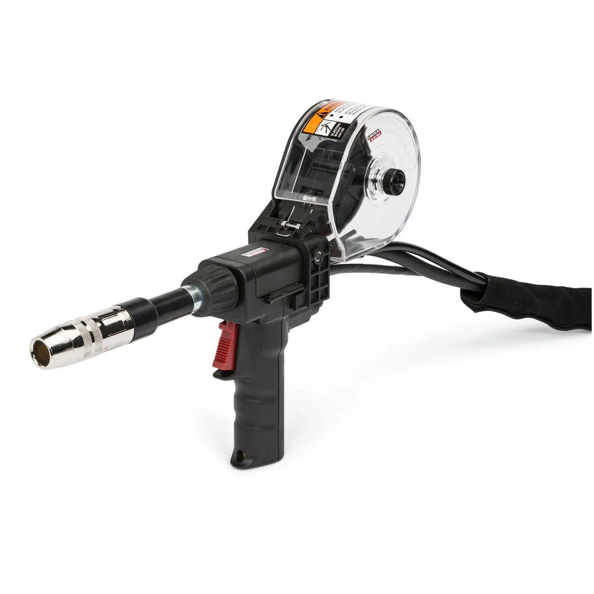 The Lincoln Magnum PRO 250LX GT Spool Gun 25 ft (K3569-2) is a handheld welding tool with a black body, trigger grip, transparent spool casing, rear power cord, and a metallic front for automated wire feeding.