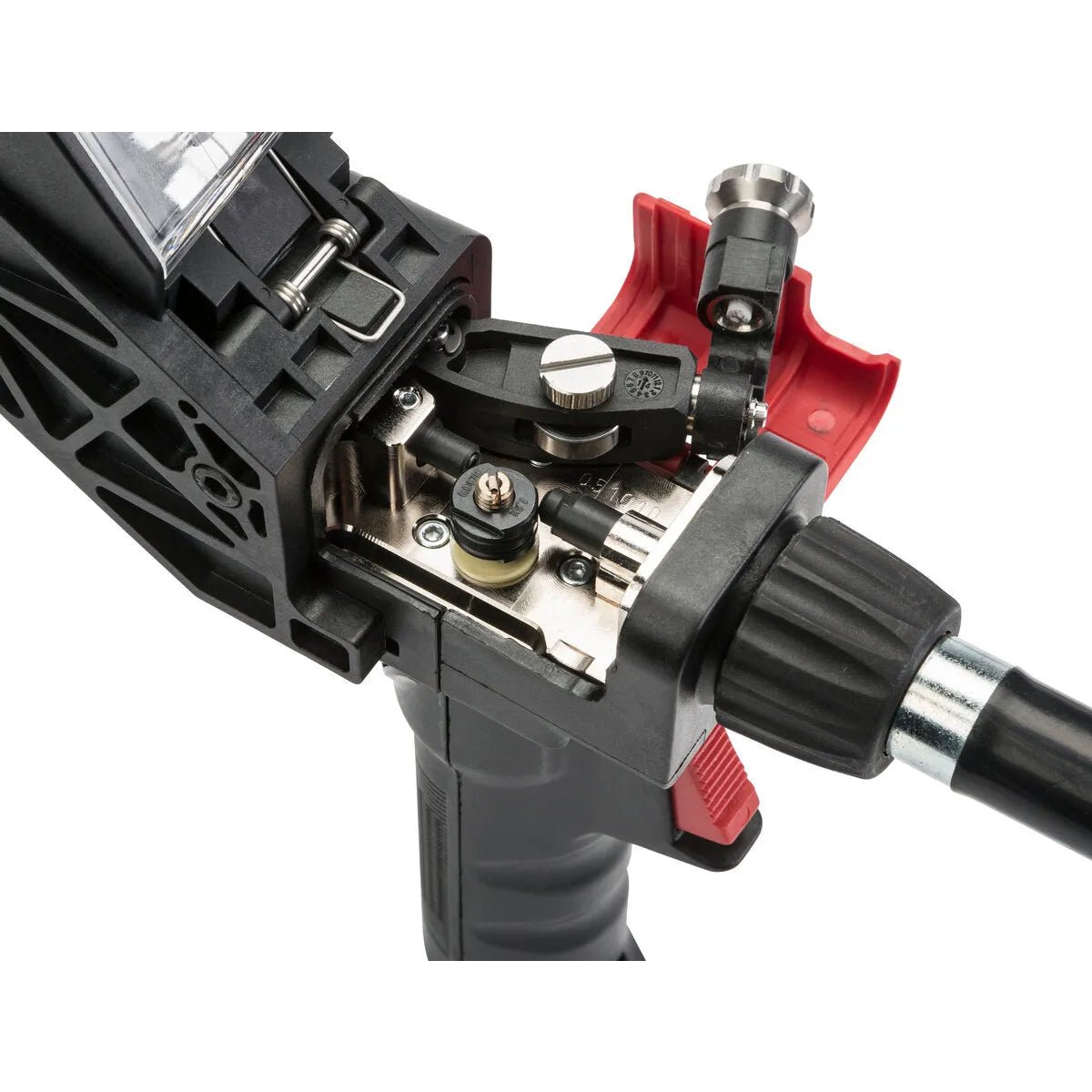 Close-up of a cable stripping tool with a black and red handle, adjustable silver parts, and exposed cutter—an ideal accessory for the Lincoln Magnum PRO 250LX Spool Gun 25 ft K3570-2. Shown on a white background.