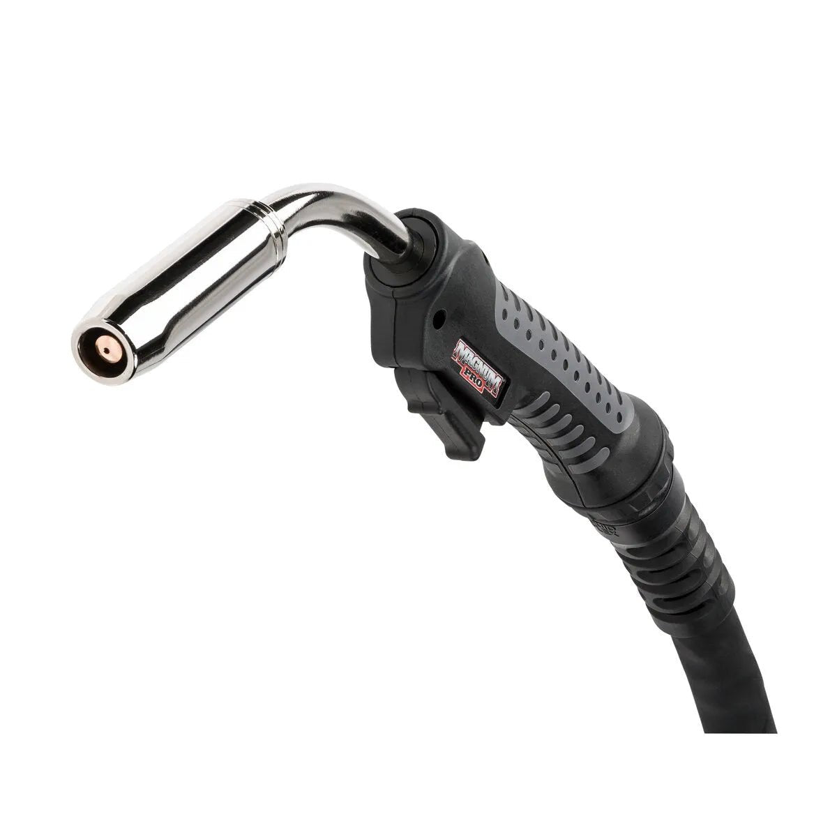 A close-up of the Lincoln Magnum PRO 400 Water Cooled Welding Gun K4521-2-FM-45 shows its black and silver finish, textured grip, curved neck, trigger, and durable metallic nozzle on a white background for reliable welding performance.