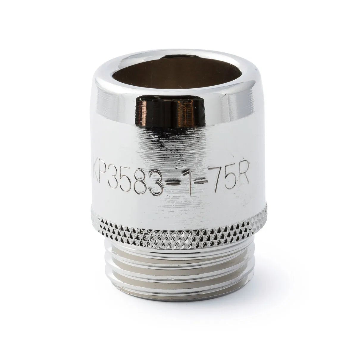 A shiny, silver Lincoln Magnum PRO 550A Heavy Duty Gas Nozzle (KP3583-1-75R-B25), cylindrical with a 3/4 in. ID and 1/8 in. recess, thread-on design, stands upright against a white background; code engraved on the side.