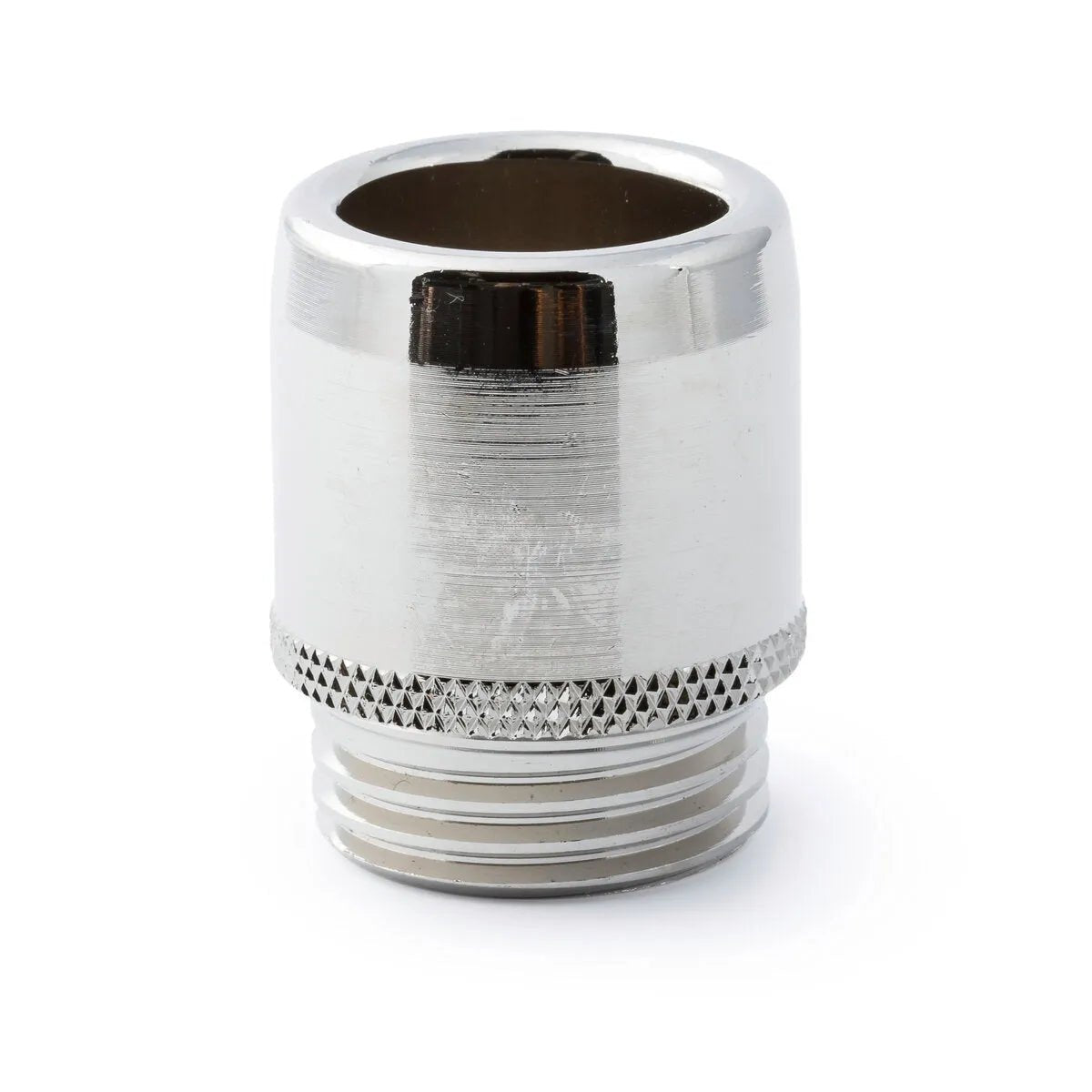 The Lincoln Magnum PRO 550A Heavy Duty Gas Nozzle (KP3583-1-75R-B25) is a metallic, cylindrical fitting with a threaded base, smooth rounded top, and textured grip, its reflective surface standing out against a plain white background.