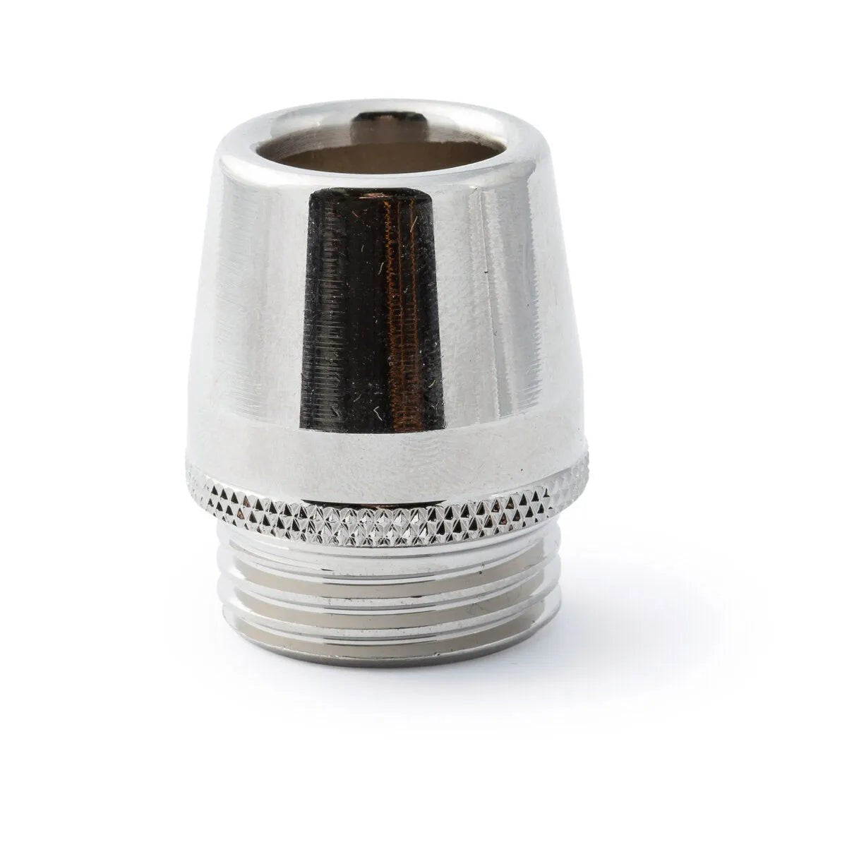A reflective, metallic Lincoln Magnum PRO 550A Heavy Duty Gas Nozzle (Front End, 1/8 in. Recess, Thread-On, 5/8 in. ID, KP3583-1-62R) with a tapered top and textured grip ring rests on a white background.